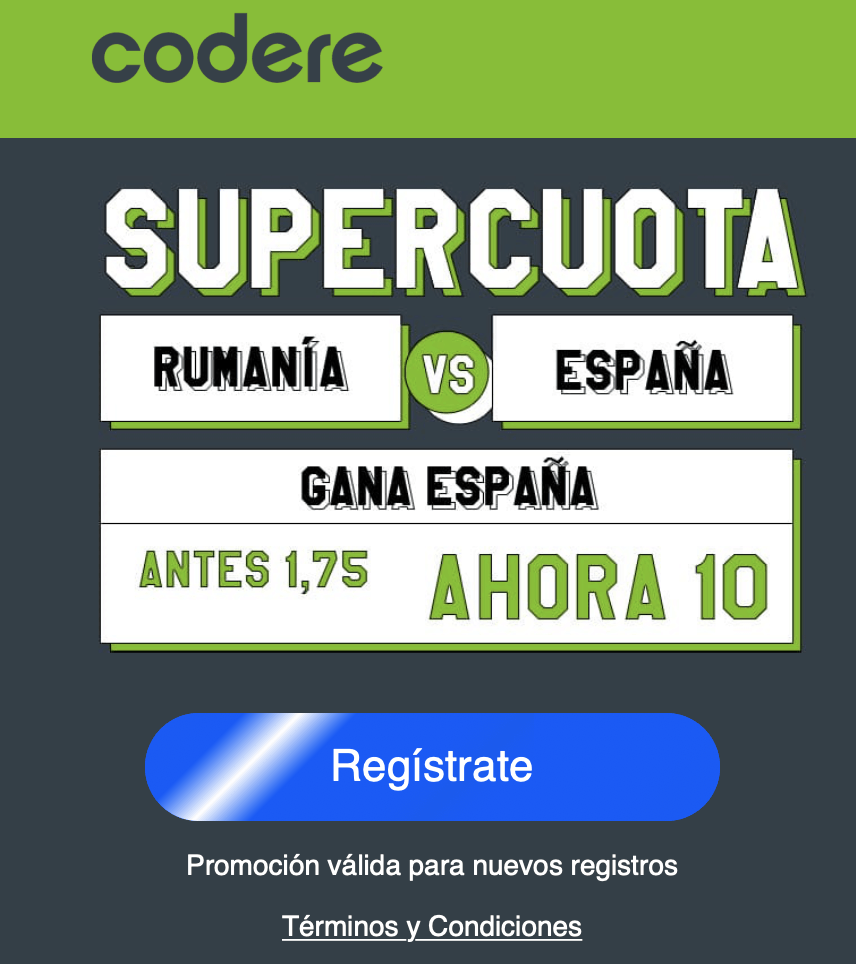 Supercuota Codere España gana a Rumanía a cuota 10.