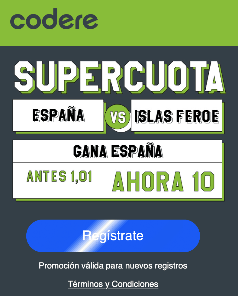 Supercuota Codere España gana a Islas Feroe a cuota 10.