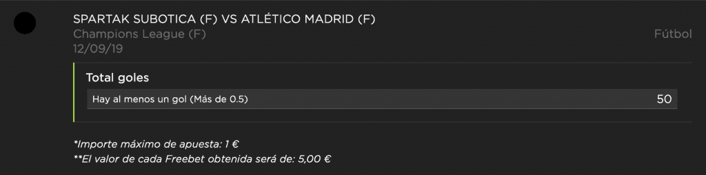 Supercuota vivelasuerte : Habrá gol en el Spartak Subotika - Atlético de Madrid a cuota 50.