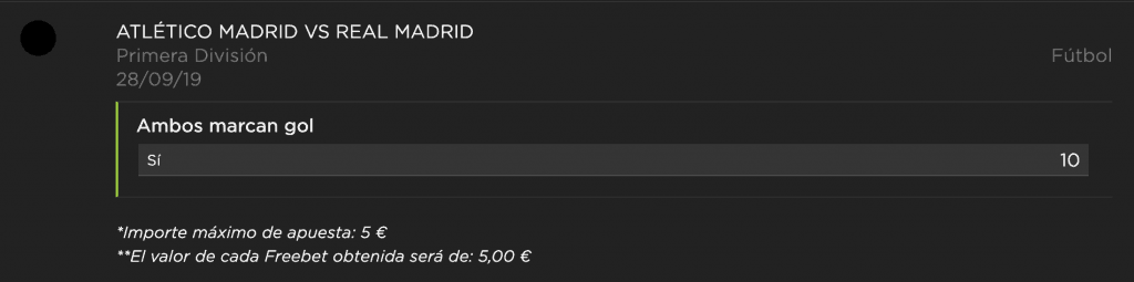 Supercuota vivelasuerte derbi : Atlético de Madrid - Real Madrid , ambos marcan a cuota 10.