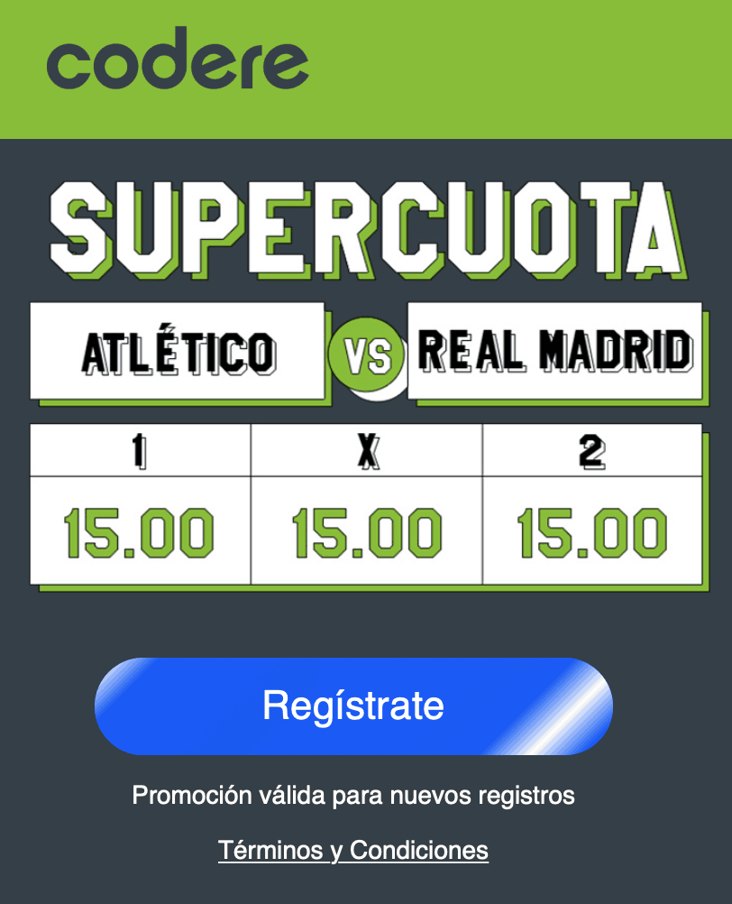 Supercuota Codere derbi : Atlético de Madrid - Real Madrid. Elige a cuota 15.