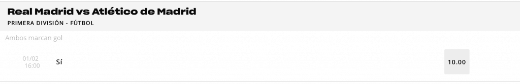 Supercuota versus Real Madrid - Atlético , ambos marcan a cuota 10.